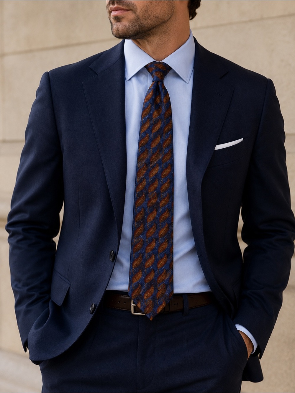 Ermenegildo Zegna Silk Tie Blue Gold Brown Leaf Pattern Made in Italy